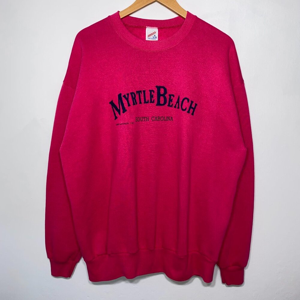 Vintage 1999 90s Myrtle Beach South Carolina Pink Crewneck Pullover Sweater XL